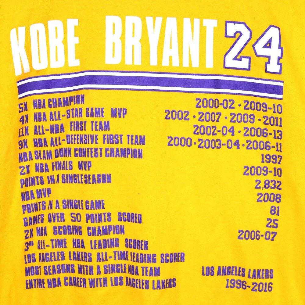 Adidas Kobe Bryant Men's Yellow LA Lakers #24 T-Shirt Double Sided Stats Size XL - Picture 5 of 5